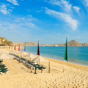 A beach with many umbrellas and chairs on it